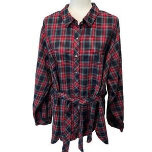 J. Jill Plaid Tie Waist Tunic Top Sz 2X Button Up Red Black Preppy Casual Plus